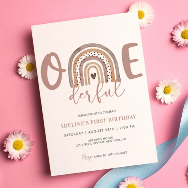 Onederful Invitation 1st Birthday Girl Party Boho  (Watercolor Onederful Boho Rainbow 1st Birthday Girl Invitations Template Digital Download)