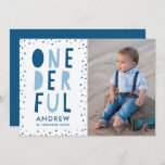 Onederful | Photo First Birthday Party Invitation<br><div class="desc">Cute birthday party invitations for your little one's first birthday party feature "Onederful" in a trendy typography style framed by navy and light blue confetti dots. Personalize by adding your one year old's photo,  name,  and party details on the back.</div>