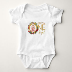 Onederful Photo in Rose Wreath Gold First Birthday Baby Bodysuit