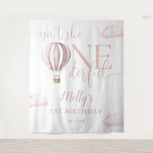 Onederful Pink Balloon 1st Birthday Photo Backdrop Tapestry