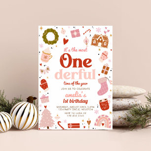 ONEderful Pink Christmas  1st Birthday Party Invitation