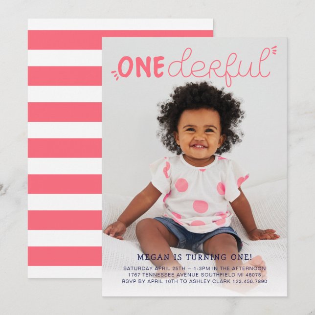 Onederful Pink Minimal Photo Birthday Invitation (Front/Back)