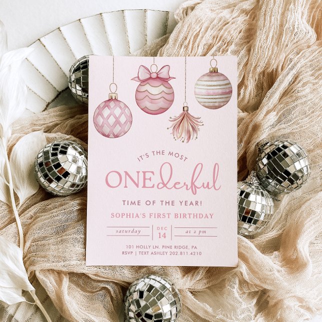 ONEderful Pink Ornament Christmas 1st Birthday Invitation (Creator Uploaded)