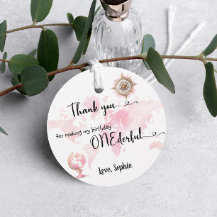 ONEderful pink world map girl 1st birthday Favour Tags
