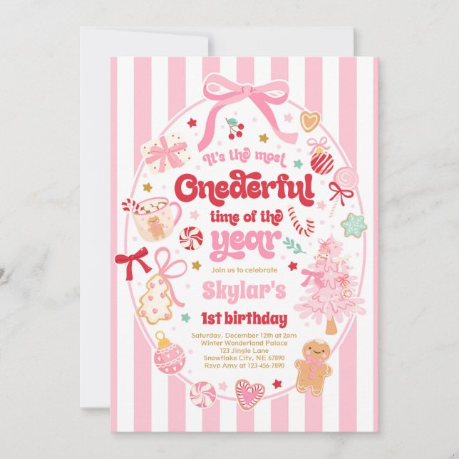 Onederful Time Of The Year Christmas Bow Birthday Invitation (Front)