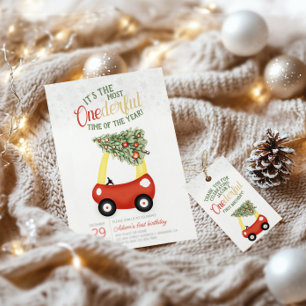 ONEderful Time Of The Year Red car 1st Birthday Invitation