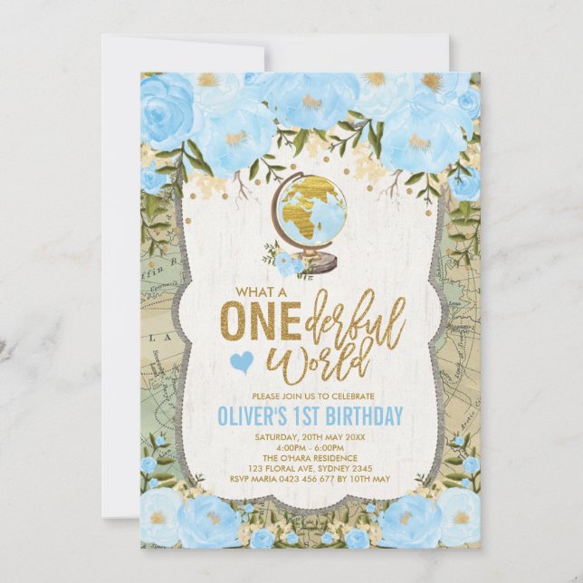 ONEderful World Adventure Map Boys 1st Birthday Invitation (Front)