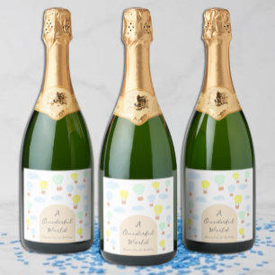 Onederful World Hot Air Balloon 1st Birthday Sparkling Wine Label