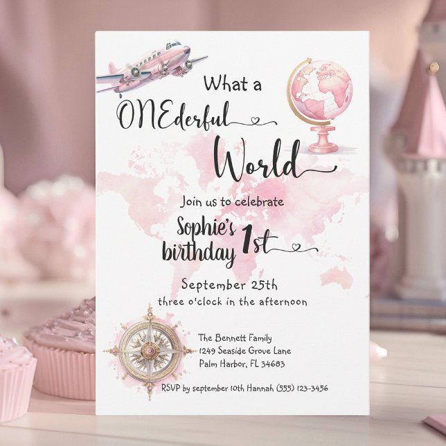 ONEderful world pink travel girl 1st birthday Invitation (Creator Uploaded)