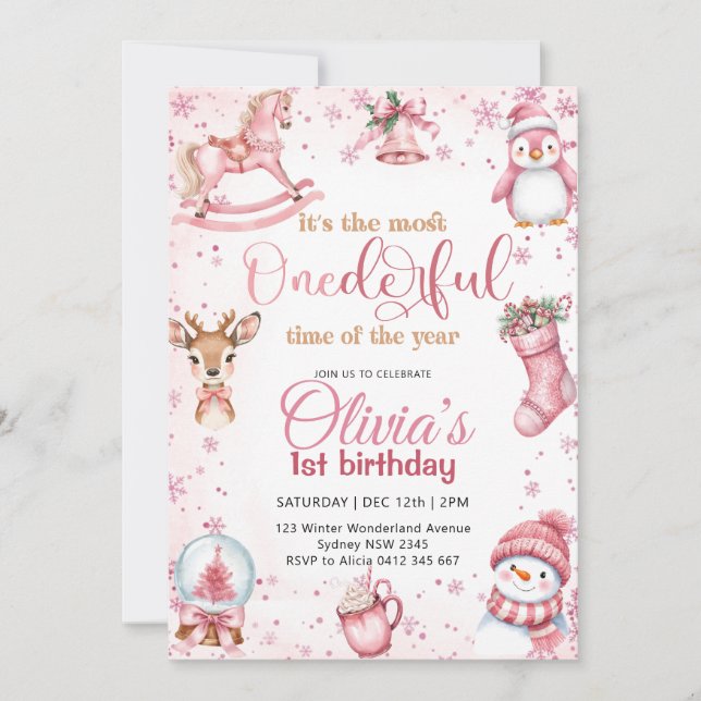 ONEderland Pink Christmas Birthday Party Invitation (Front)