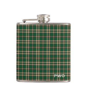 O'Neill Tartan Monogram Green and Tan Plaid Hip Flask