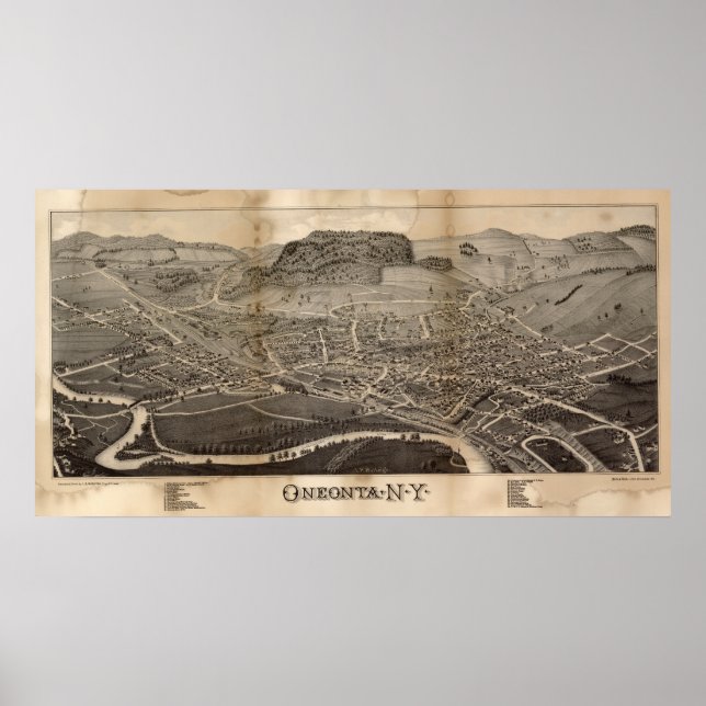 Oneonta New York 1884 Antique Panoramic Map Poster (Front)