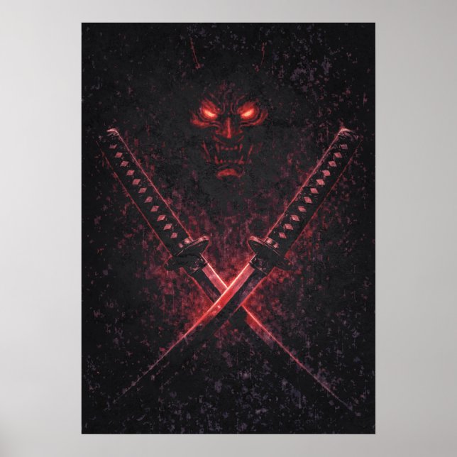 Oni Twin Blades Samurai, Abstract Surreal Japanese Poster (Front)