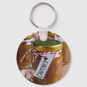 Onion pineapple chutney on rustic wood keychain