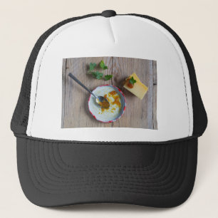 Onion pineapple chutney on rustic wood trucker hat