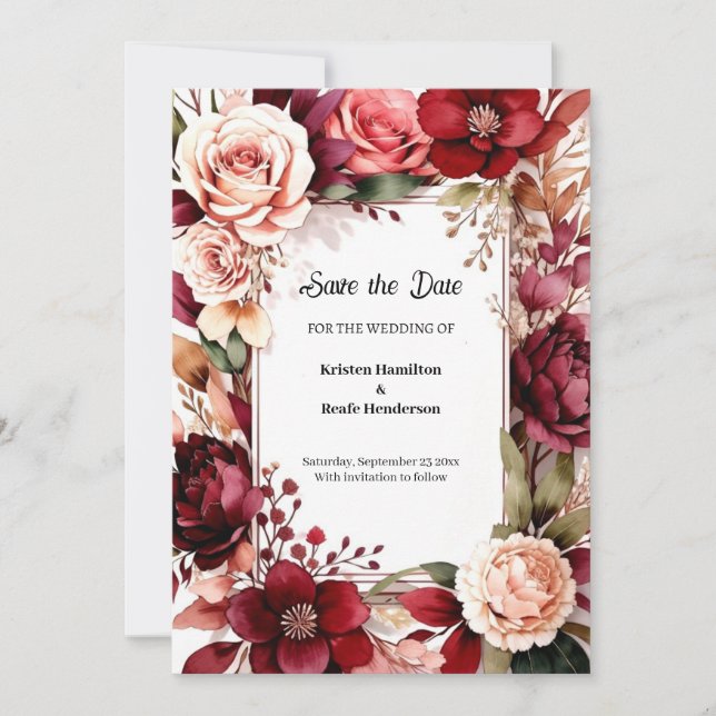 Online Burgundy Charm Save The Date (Front)