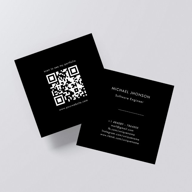 Online Presence QR Code Portfolio Black & White Square Business Card (Creator Uploaded)