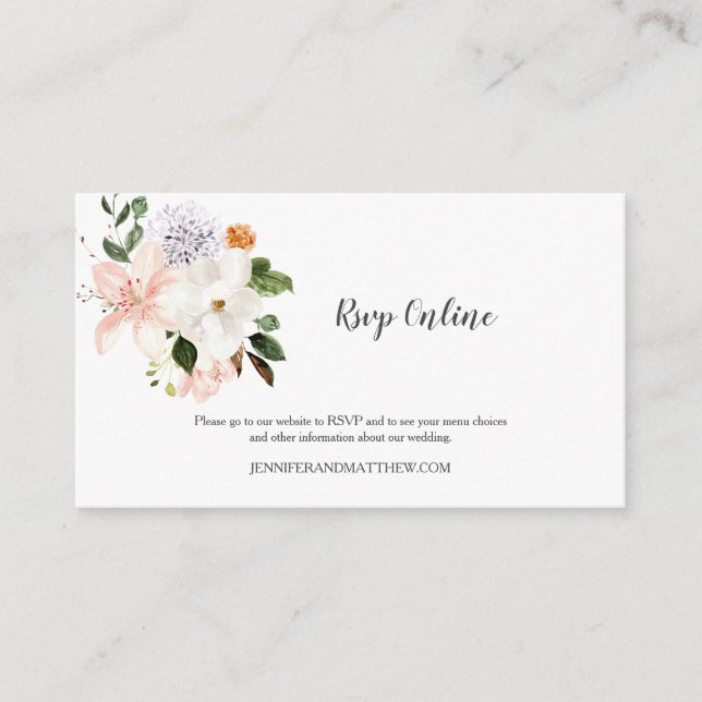 Online RSVP Lilies Magnolias Peonies Roses Floral Enclosure Card (Front)