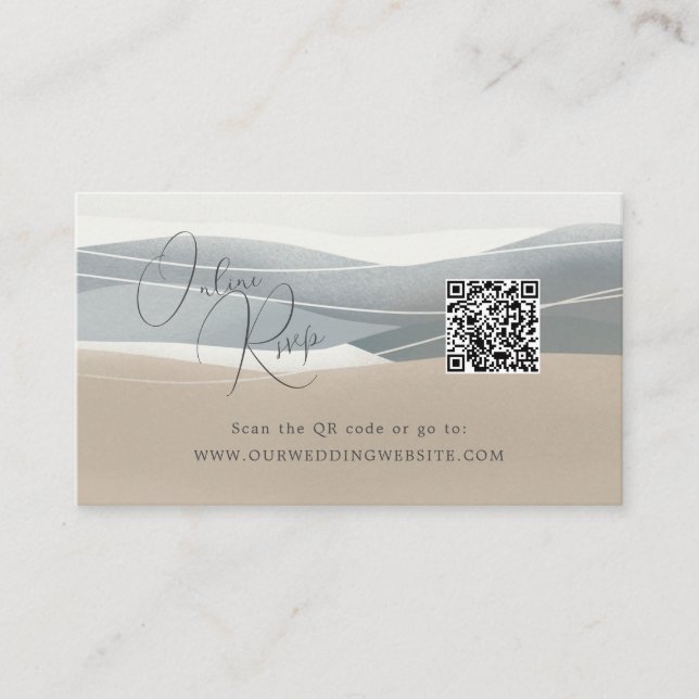 Online RSVP QR Code beach wedding website Business Card (Front)
