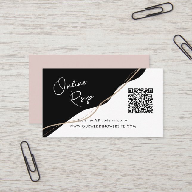 Online RSVP QR Code black and whitewedding website Business Card (Front/Back In Situ)