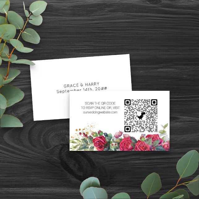 Online RSVP QR Code Red Rose Wedding Website Enclosure Card (Romantic floral qr code wedding website card from my Red Rose and Eucalyptus Wedding Collection)