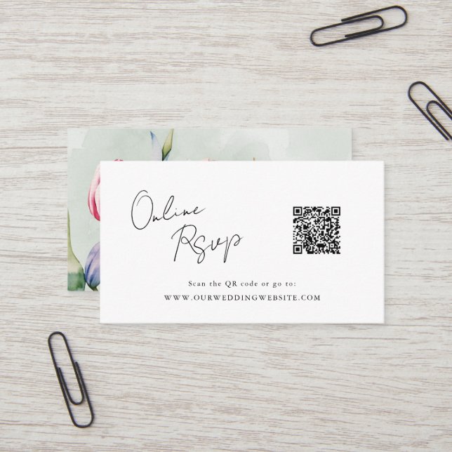 Online RSVP QR Code tulips spring website Business Card (Front/Back In Situ)