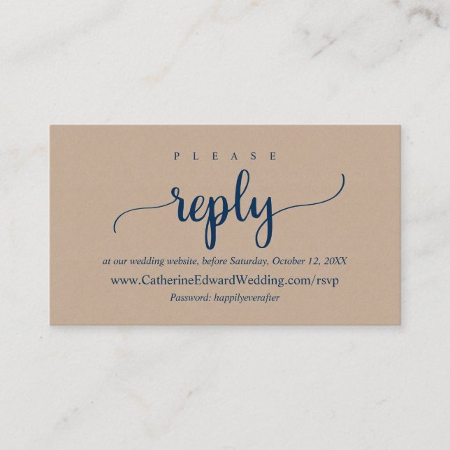 Online RSVP website, Navy Blue font, Brown Kraft Enclosure Card (Front)