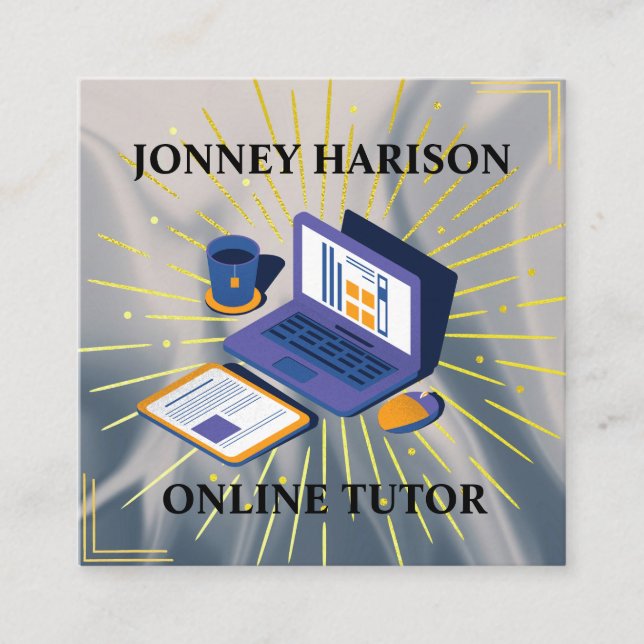 Online Tutor Instructor Virtual Learning Silver  Square Business Card (Front)