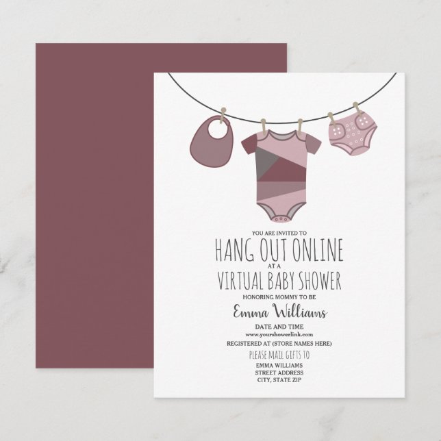 Online Virtual Plum Girl Baby Shower Clothesline Invitation (Front/Back)