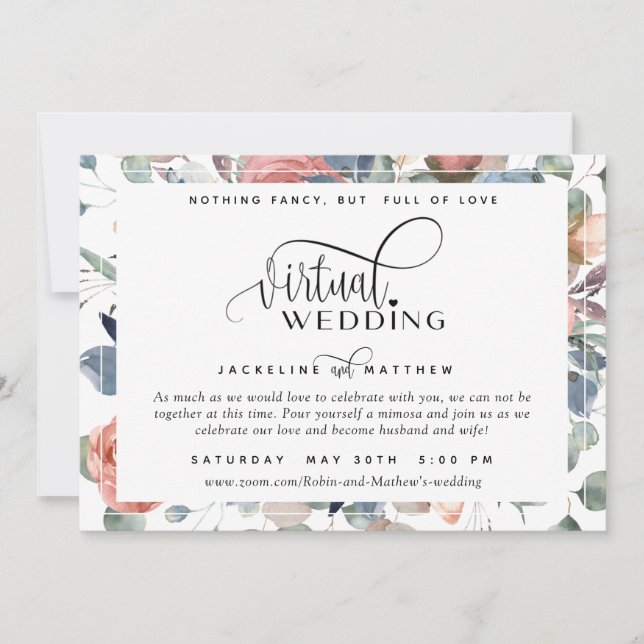 Online Virtual Wedding Dusty Blue and Blush Floral Save The Date (Front)