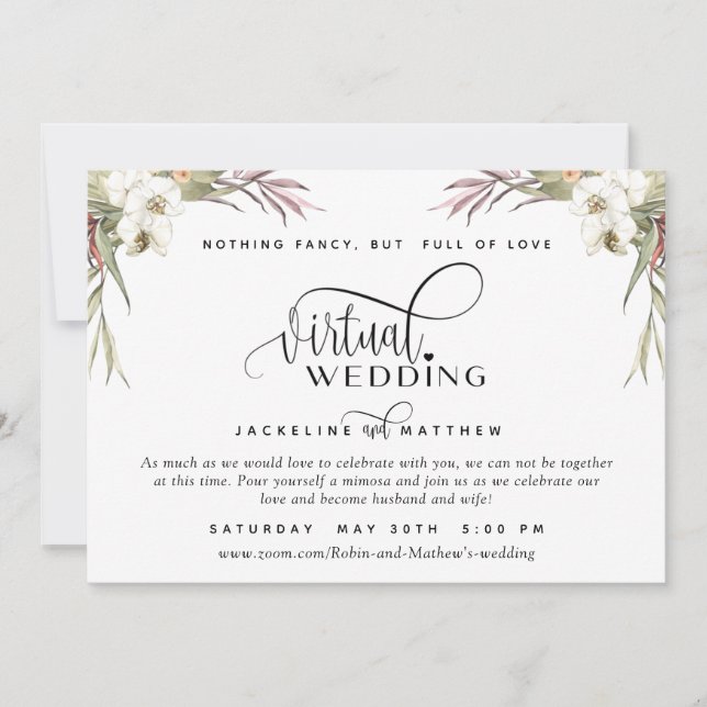 Online Virtual Wedding Tropical Palm Leaves Floral Save The Date (Front)
