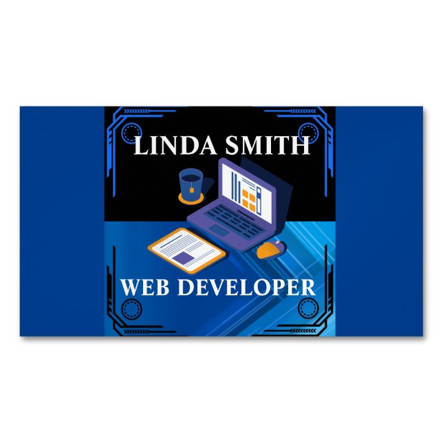 Online Web Developer Social Media Manager Blue   Magnetic Business Card (Front)