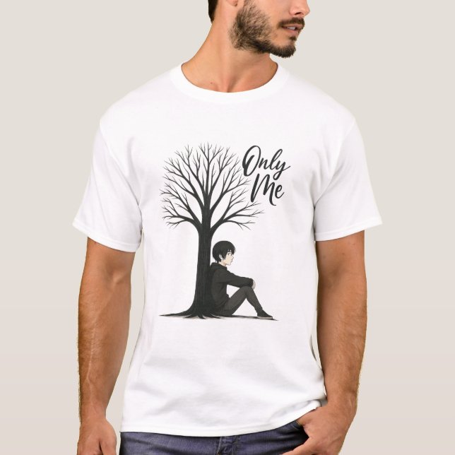 Only Me Aesthetic Anime Sad Boy Under Tree Artwork T-Shirt (Front)