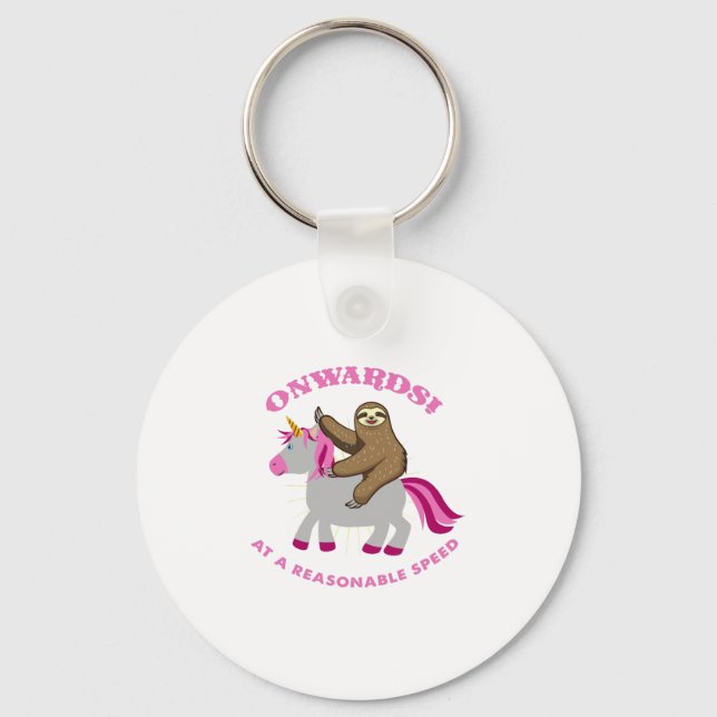 Onwards At A Reasonable Speed Sloth Riding Unicorn Keychain (Front)