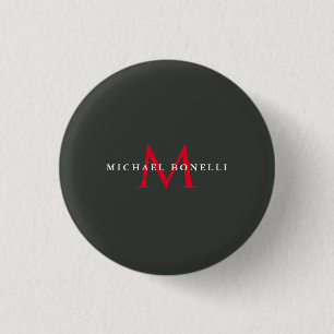Onyx Black Red Monogram Modern Minimalist 1 Inch Round Button