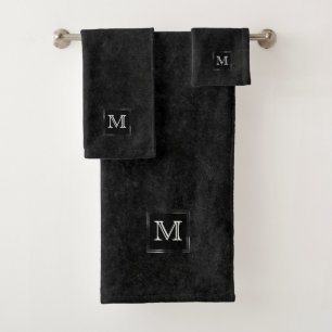Onyx Black Velvet   Chalkboard Grunge Monogram Bath Towel Set