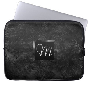 Onyx Black Velvet   Chalkboard Grunge Monogram Laptop Sleeve