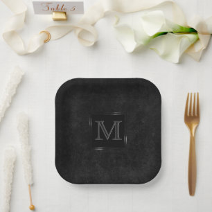 Onyx Black Velvet Chalkboard Grunge Monogram Paper Plate