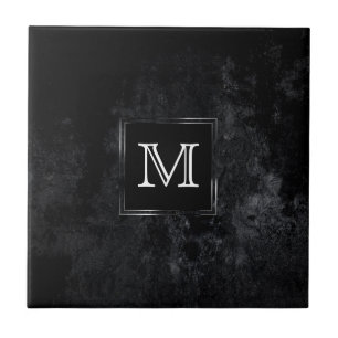 Onyx Black Velvet   Chalkboard Grunge Monogram Tile
