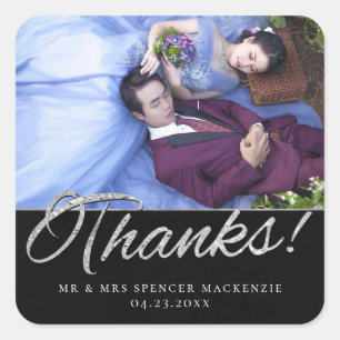 Onyx Black Velvet   Grunge Silver Thanks Photo Square Sticker