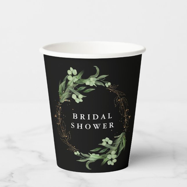 Onyx Botanical Eucalyptus Elegant Bridal Shower Paper Cups (Front)