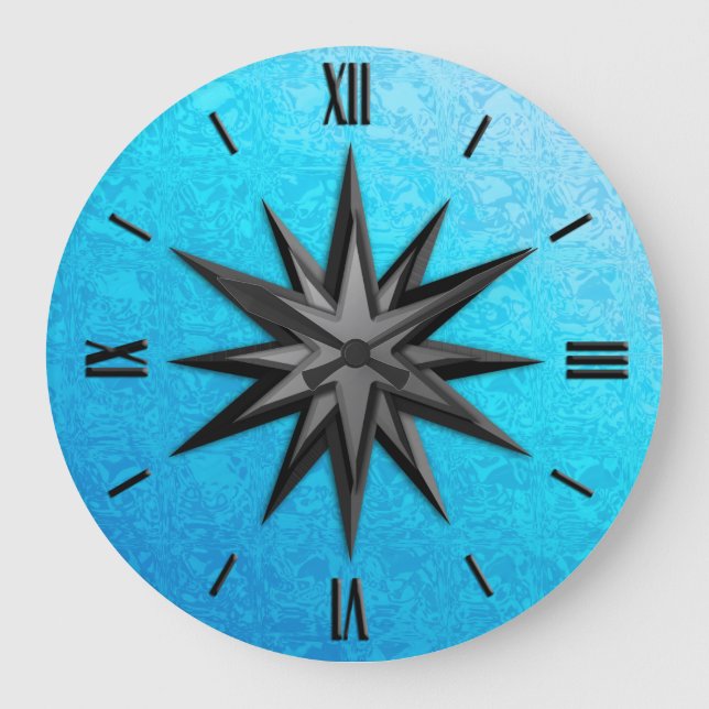 Onyx compass rose - turquoise glass background large clock (Front)