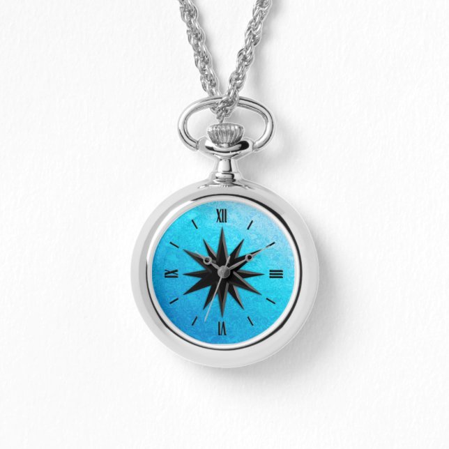 Onyx compass rose - turquoise glass background watch (Front)