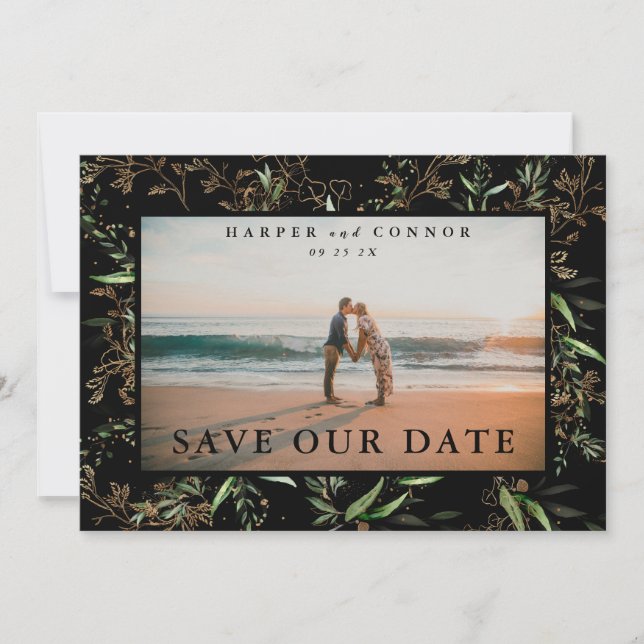 Onyx Elegant Boho Golden Sage Eucalyptus Photo Save The Date (Front)