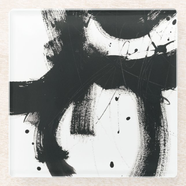 Onyx Gesture - Black Paint Strokes Glass Coaster (Front)