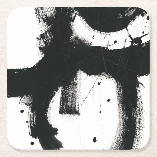Onyx Gesture - Black Paint Strokes Square Paper Coaster (Front)