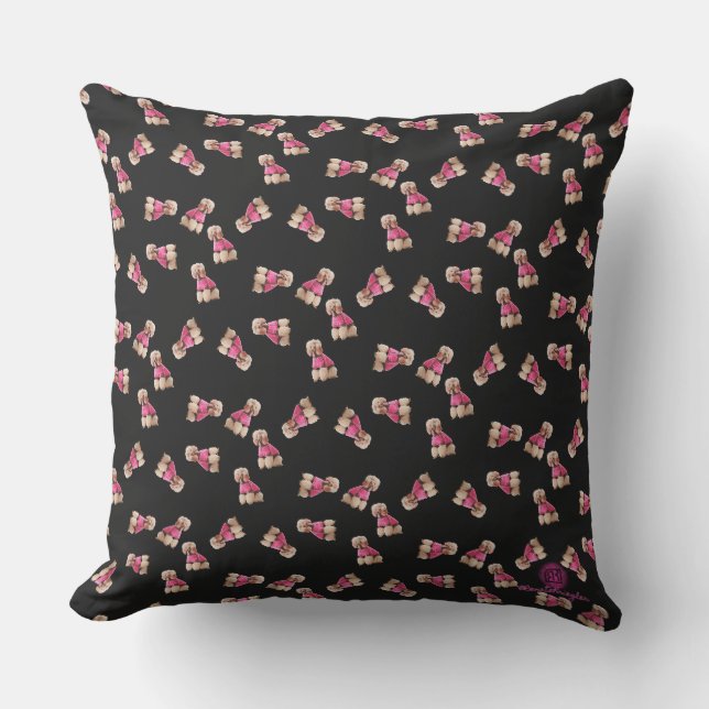 Oodles Of Poodles (Pink on Black) Garden Party Outdoor Pillow (Front)