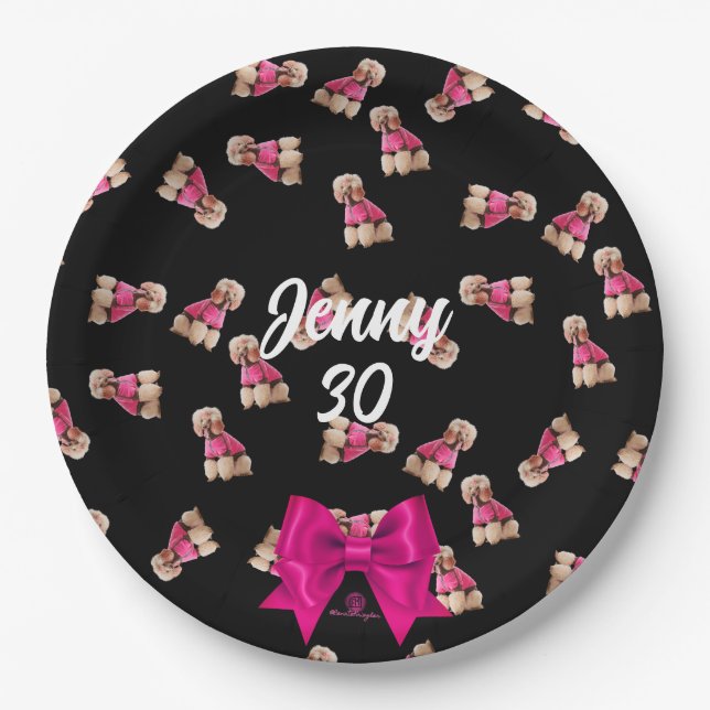 Oodles Of Poodles (Pink on Black) Party Paper Plate (Front)