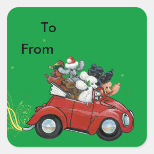 Oodles Poodles red Car Christmas Tags Stickers