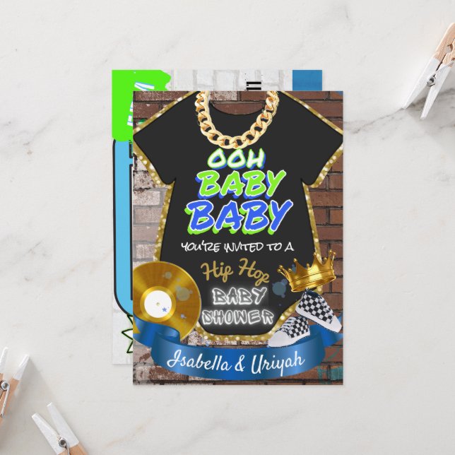 Ooh Baby Baby | Hip Hop Blue & Green Retro Invitation (Front/Back In Situ)